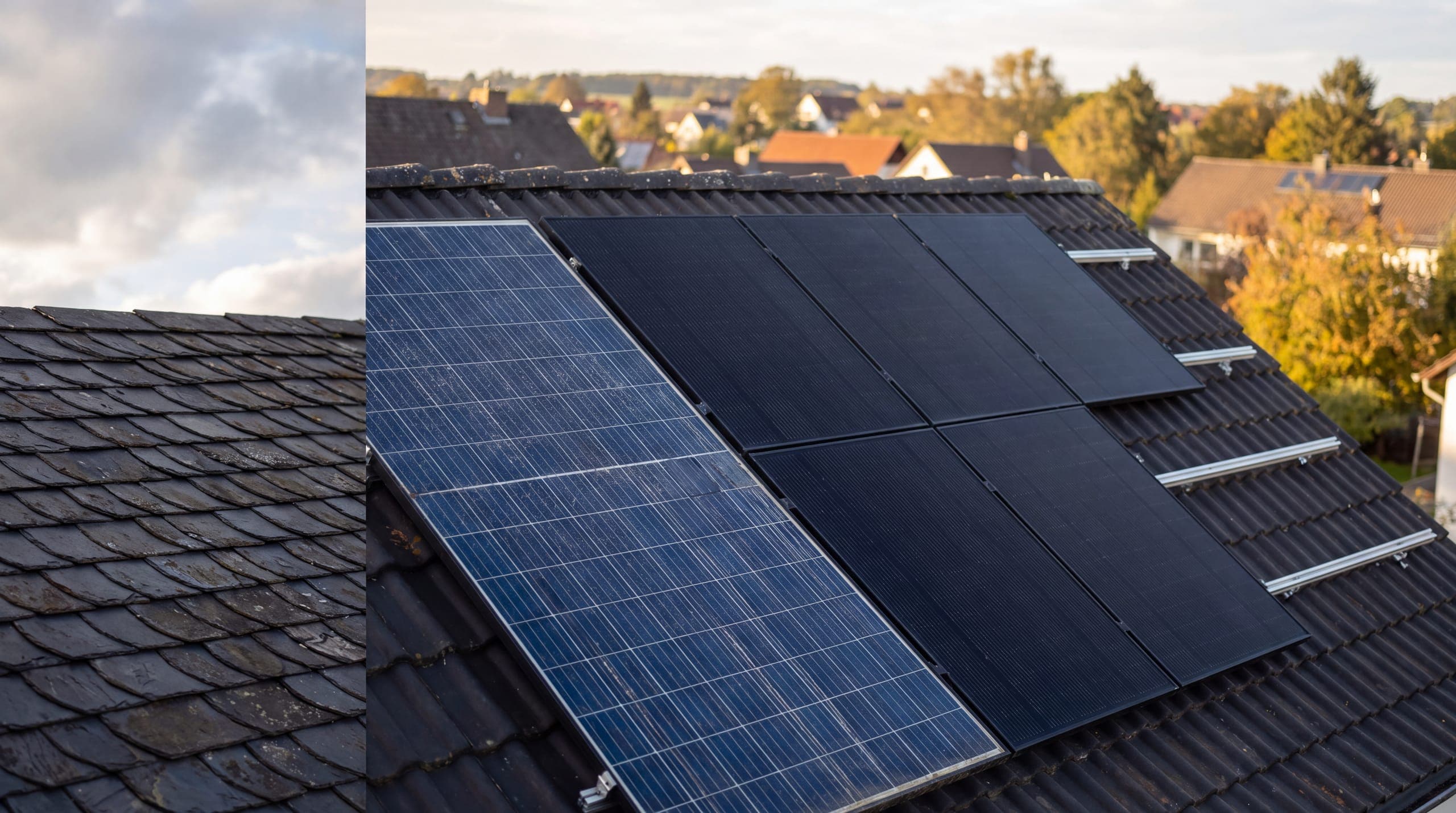 Bestehende Solaranlage, daneben neu montierte schwarze Module als Erweiterung