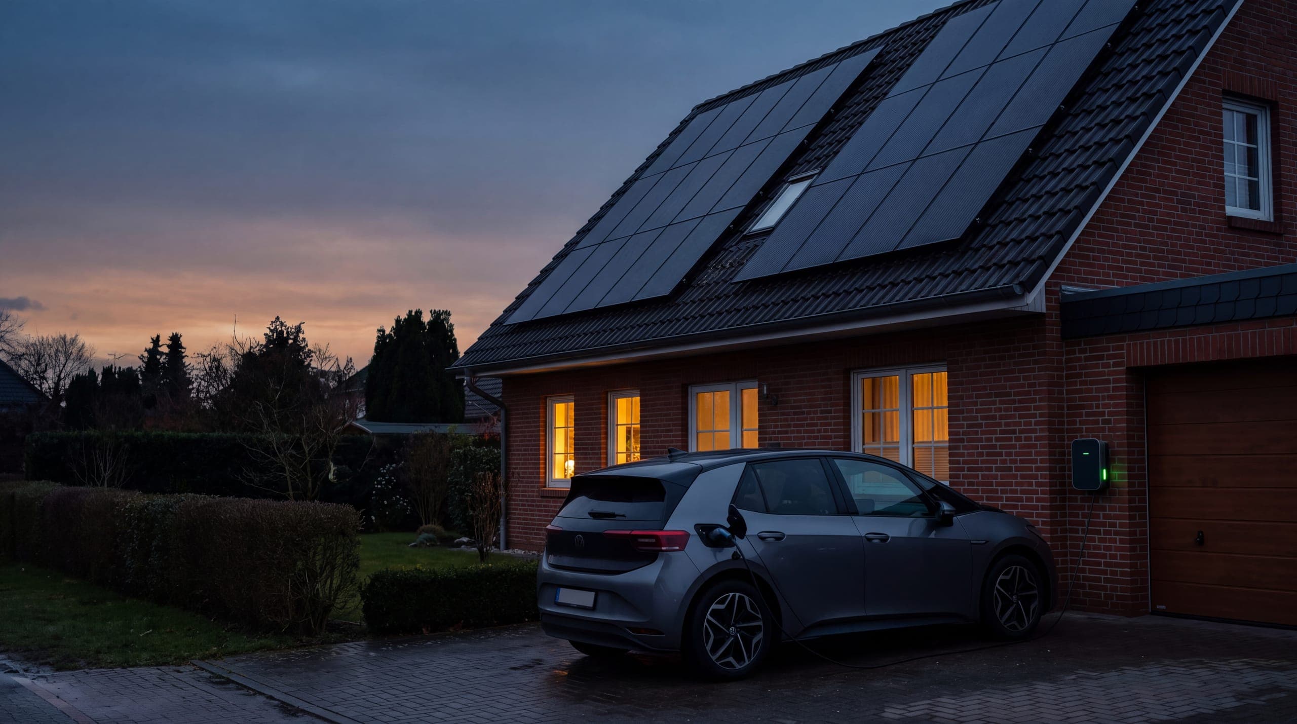 Elektroauto lädt an der Wallbox vor einem Klinkerhaus mit Solaranlage