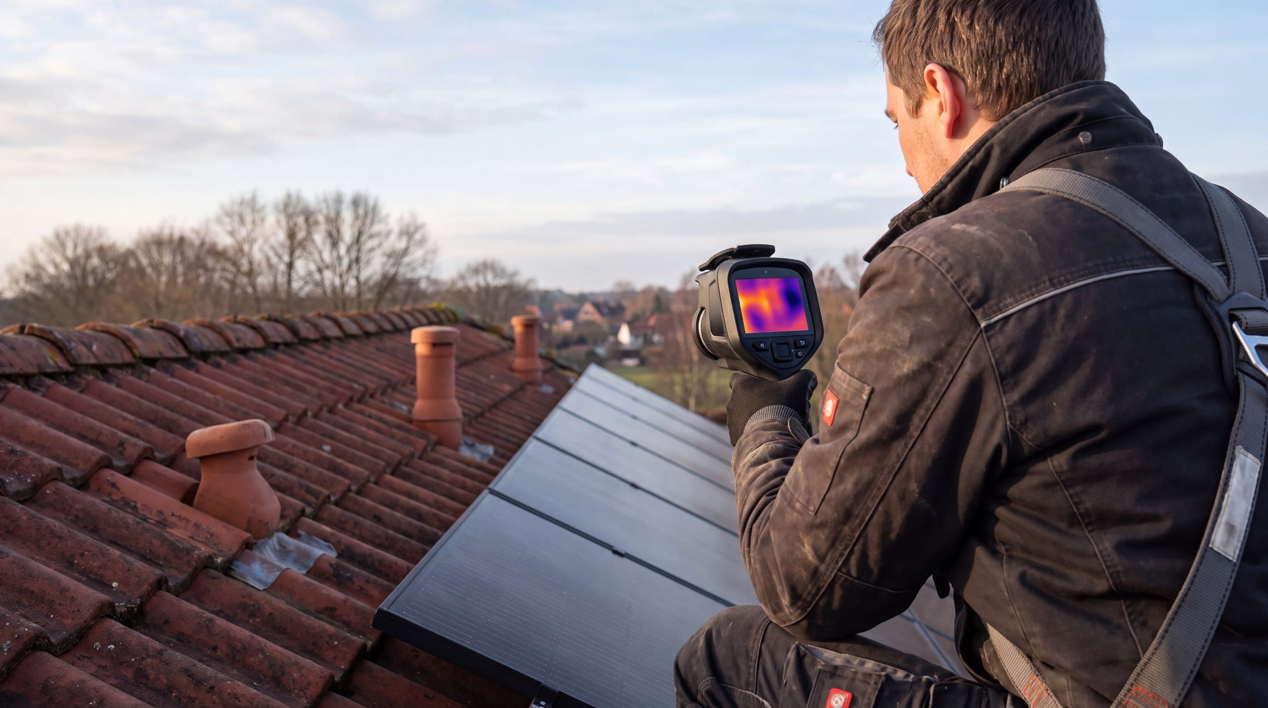 Techniker prüft eine Solaranlage mit der Wärmebildkamera