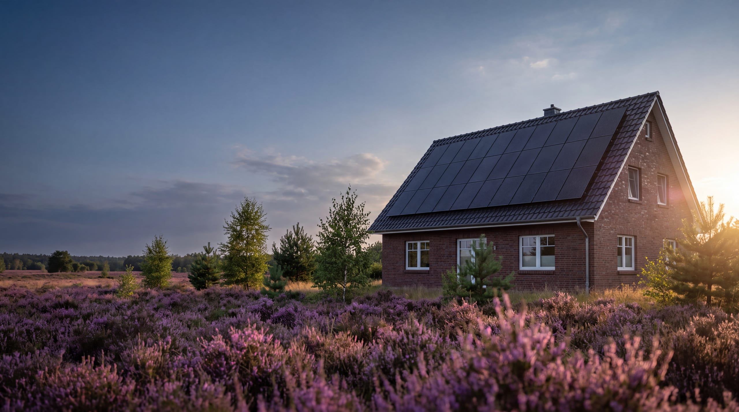 Photovoltaik in der Lüneburger Heide: Klinkerhaus mit schwarzer Solaranlage auf dem Ziegeldach bei Sonnenuntergang