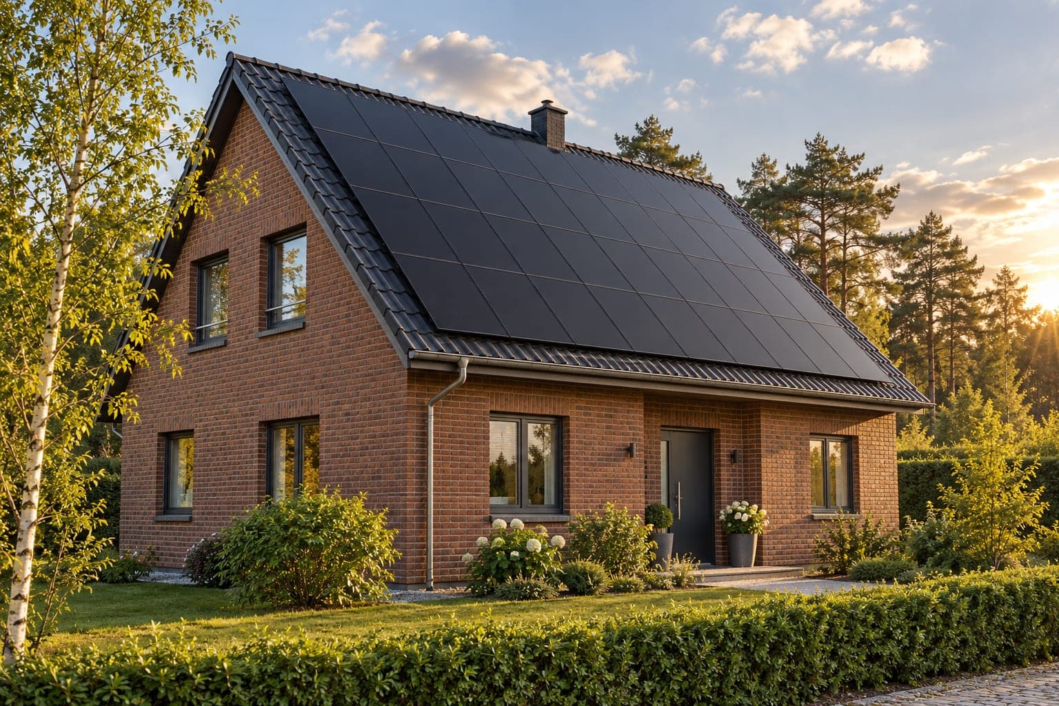 Einfamilienhaus mit Klinkerfassade und großer schwarzer PV-Anlage auf dem Satteldach im Abendlicht