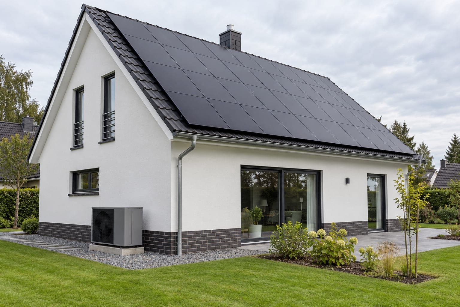 Einfamilienhaus mit großer schwarzer PV-Anlage auf dem Satteldach und Wärmepumpe neben der Hauswand