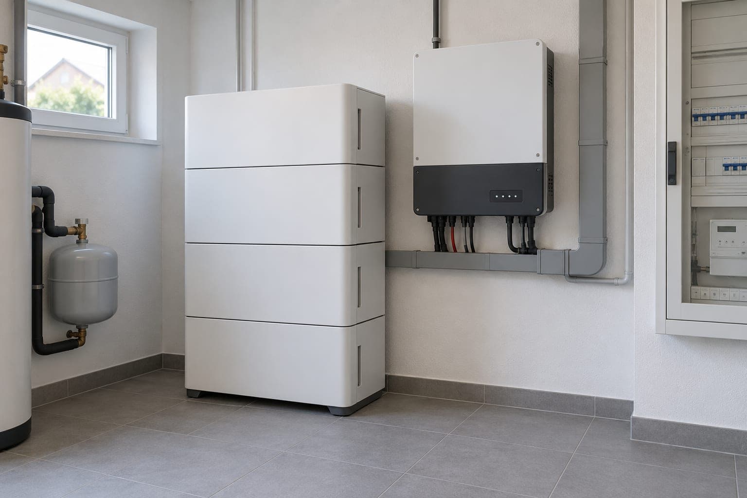 Batteriespeicher aus vier Modulen und Wechselrichter an der Wand im Hauswirtschaftsraum eines Einfamilienhauses