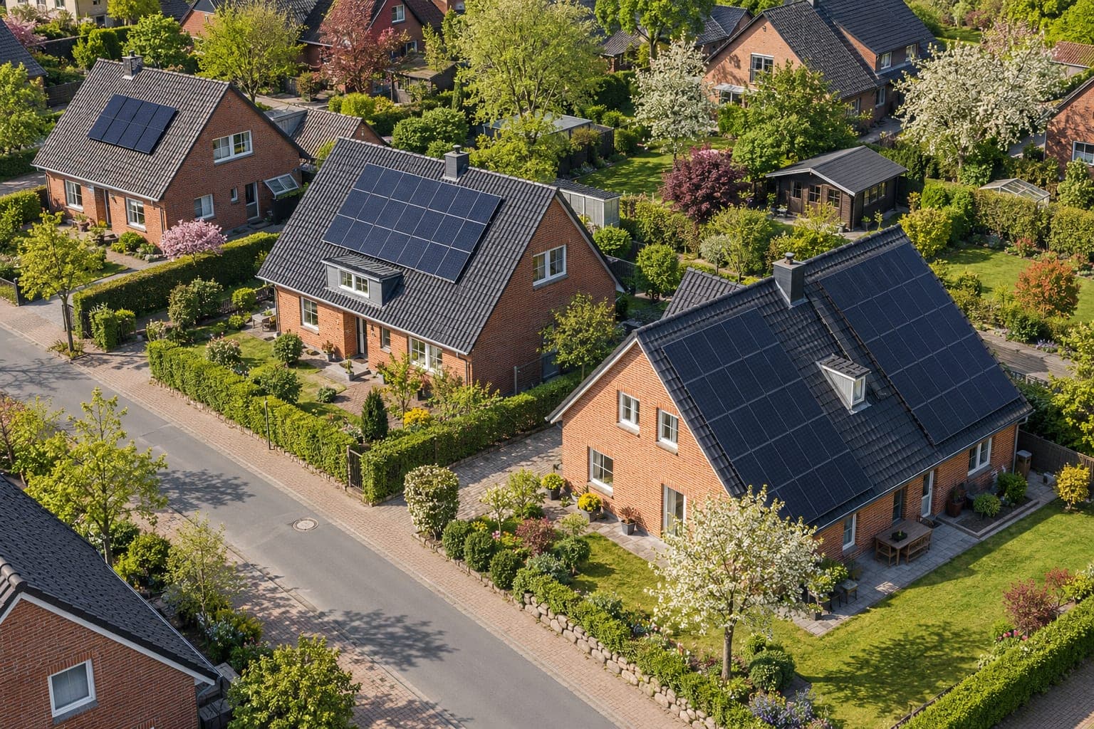 Luftbild einer Wohnstraße mit Klinkerhäusern: kleine, mittlere und große Photovoltaikanlagen auf den Dächern im Vergleich