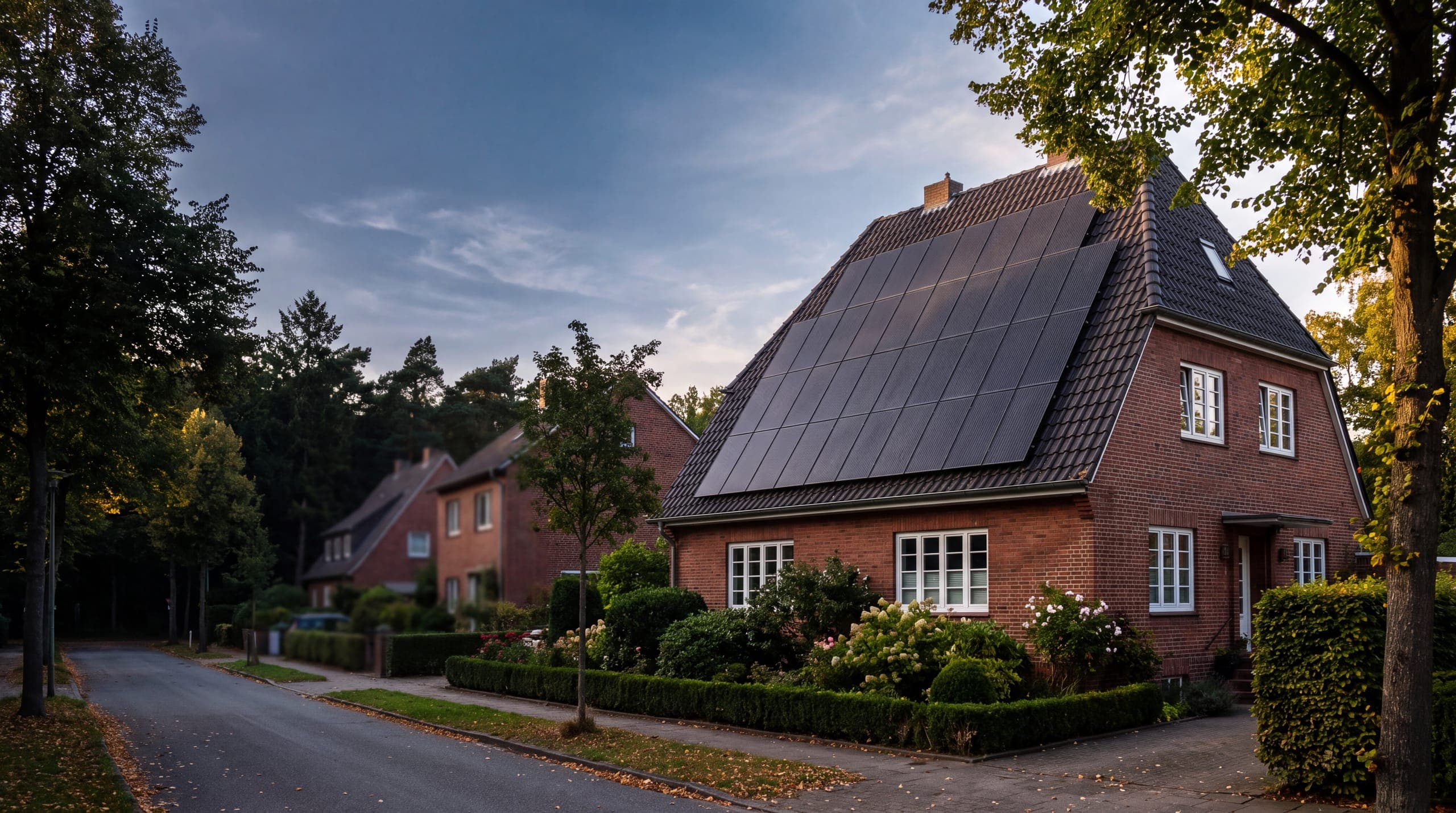 Rotklinkerhaus am Hamburger Stadtrand mit Solarmodulen auf dem Walmdach – Photovoltaik in Badendorf