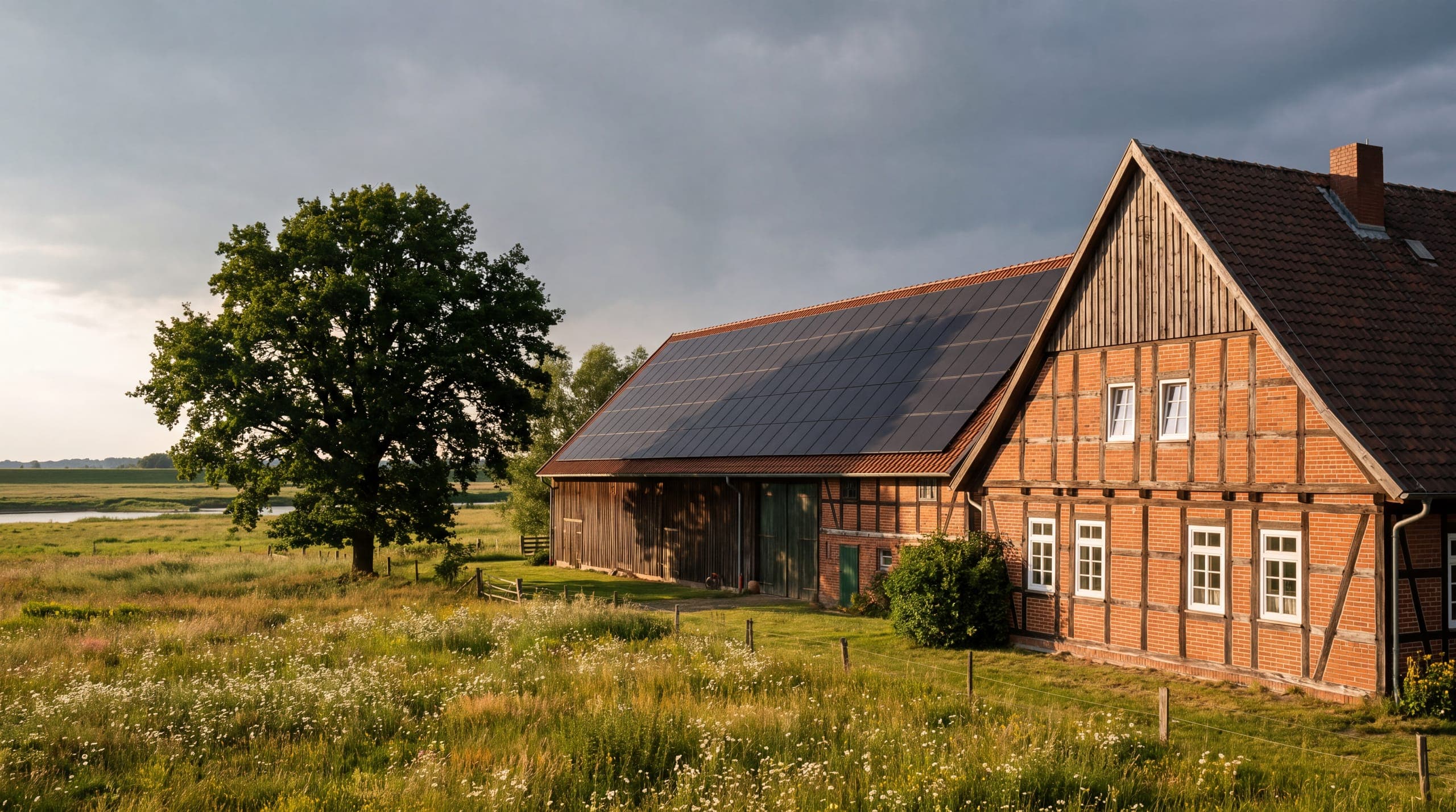 Fachwerkhof im Wendland mit Solaranlage auf dem Scheunendach – Photovoltaik in Göhrde